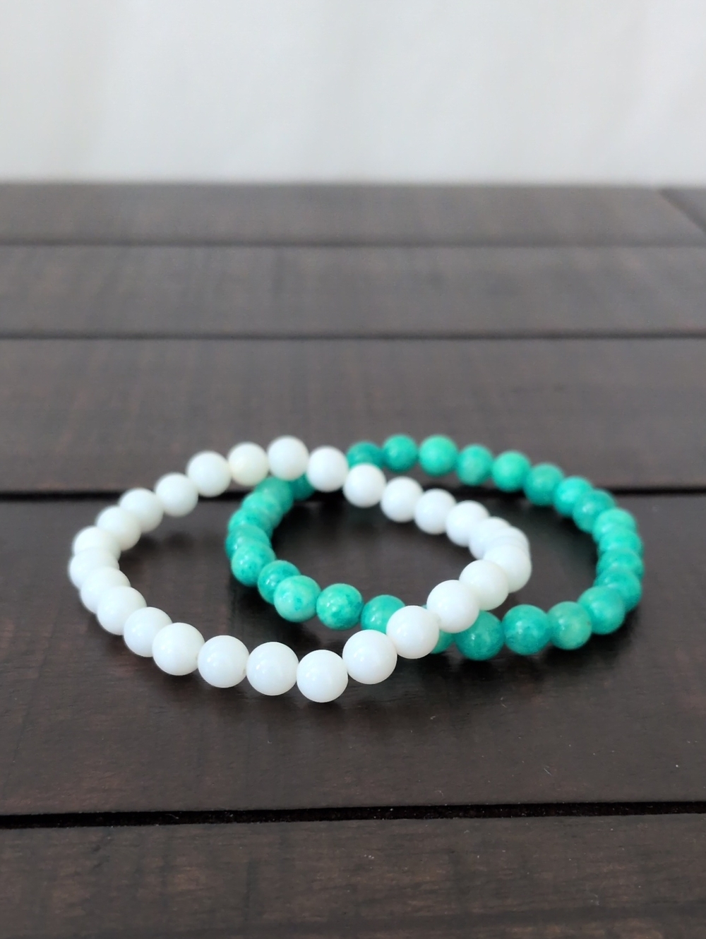 Beaded Stretch Bracelet Set - White & Teal